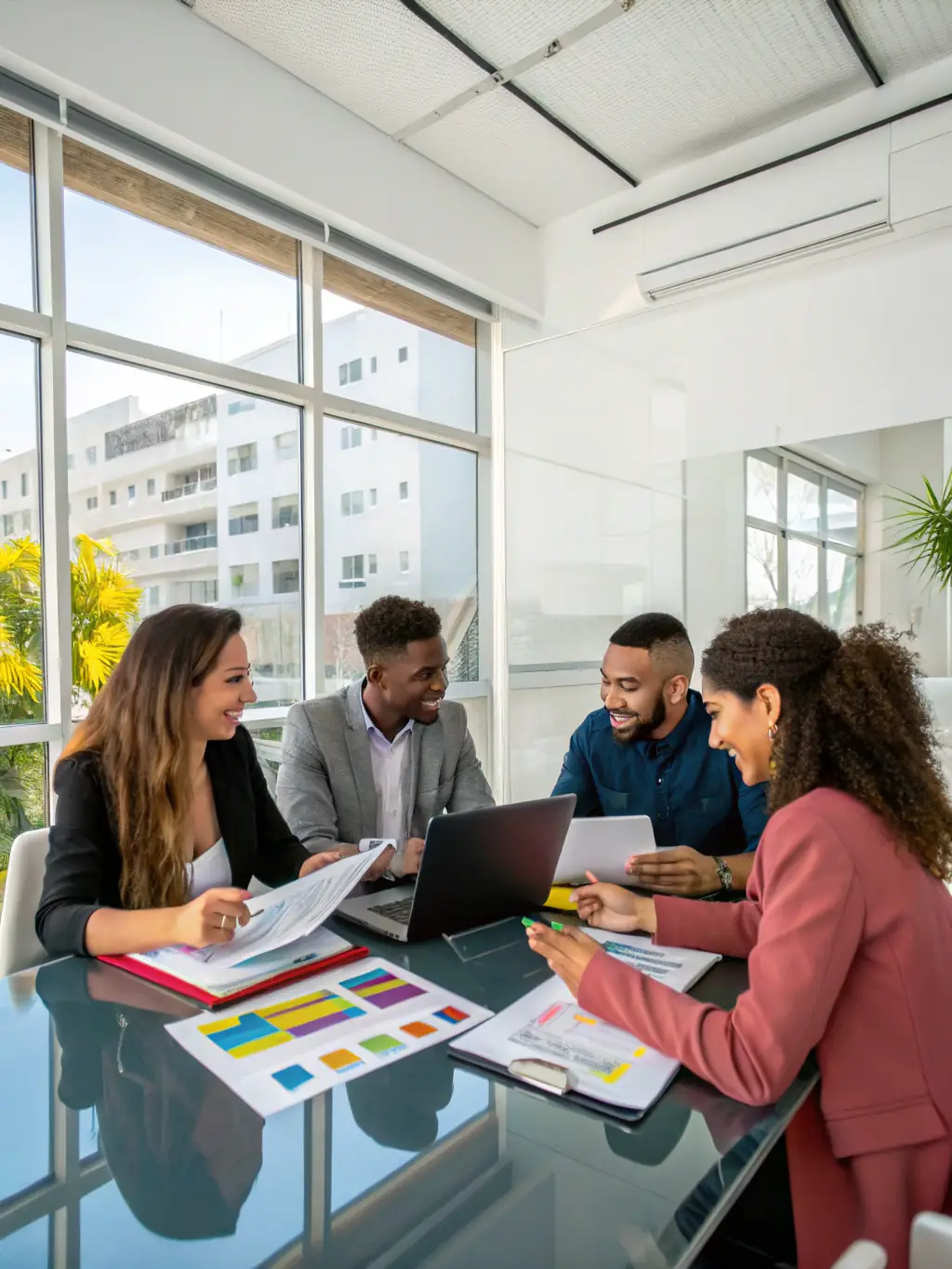 A diverse team of real estate professionals collaborating in a modern office setting, emphasizing the company's collective expertise and collaborative approach. The image should convey teamwork and competence.
